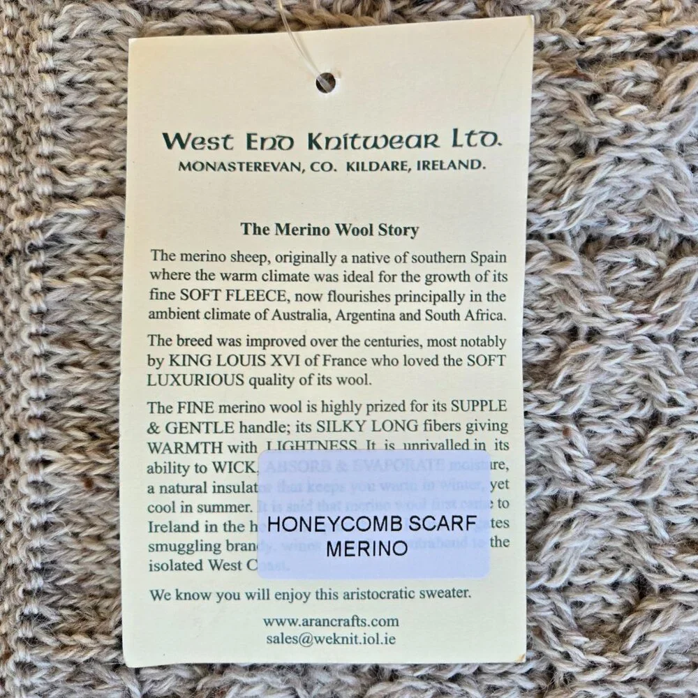 NWT Aran Crafts Merino Wool Donegal Honeycomb Scarf
